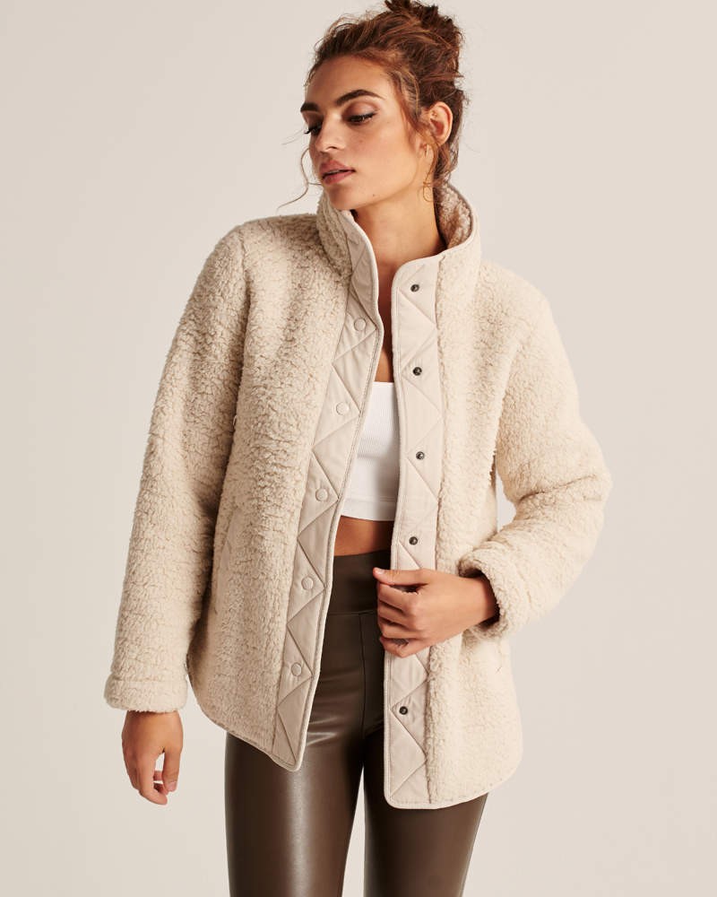 Sherpa Nylon-Trim Snap-Up Jacket | Abercrombie & Fitch (US)