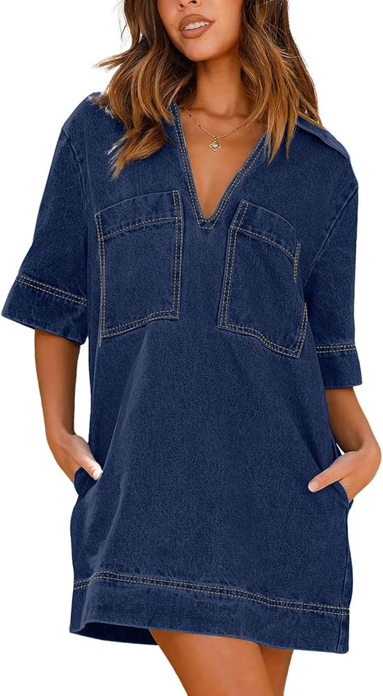 ebossy Women's Casual Short Sleeve Denim Dress V-Neck Loose Cowgirl Mid Dress with Pockets | Amazon (US)