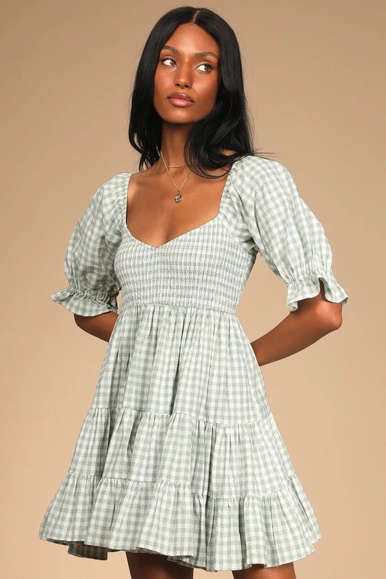 Sweet Outings Sage Green Gingham Puff Sleeve Mini Dress | Lulus (US)