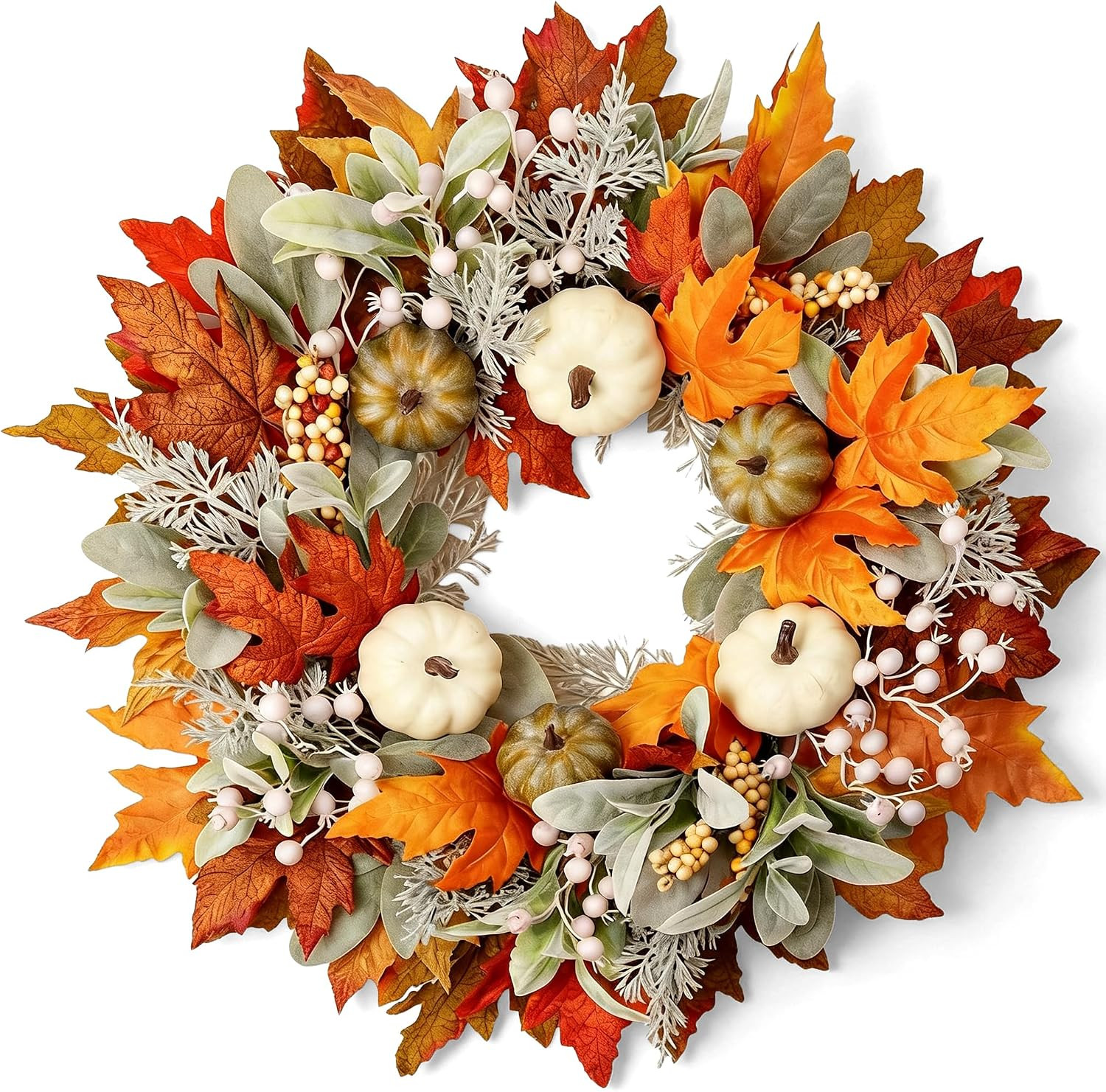 Artificial Fall Wreath 22 Inch Fall Wreaths for Front Door with White Pumpkins Oeange Maple Leave... | Amazon (US)