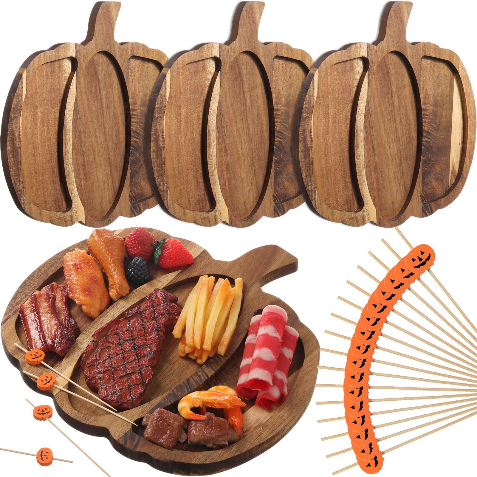 Patelai 4 Pcs Halloween Pumpkin Acacia Wood Charcuterie Board with 50 Pcs Bamboo Picks 11.4 Inch ... | Amazon (US)