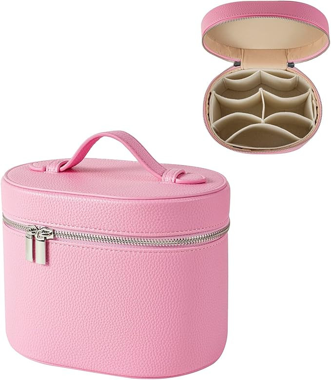Pink Aesthetic Makeup Bag, Travel Makeup Vanity Case with Divider and Handle, Waterproof PU Leath... | Amazon (US)