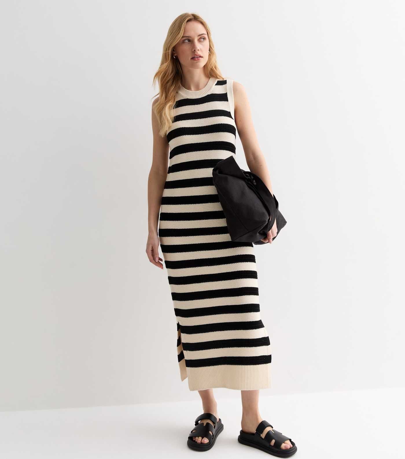 Black Stripe Knit Sleeveless Split Hem Midi Dress | New Look | New Look (UK)