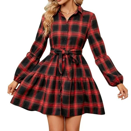 Women s Plaid Dress Long Sleeve Button Down Checker Shirt Casual Dress with Belt Christmas Dress Waist Dress S M L XL - XL | Walmart (US)