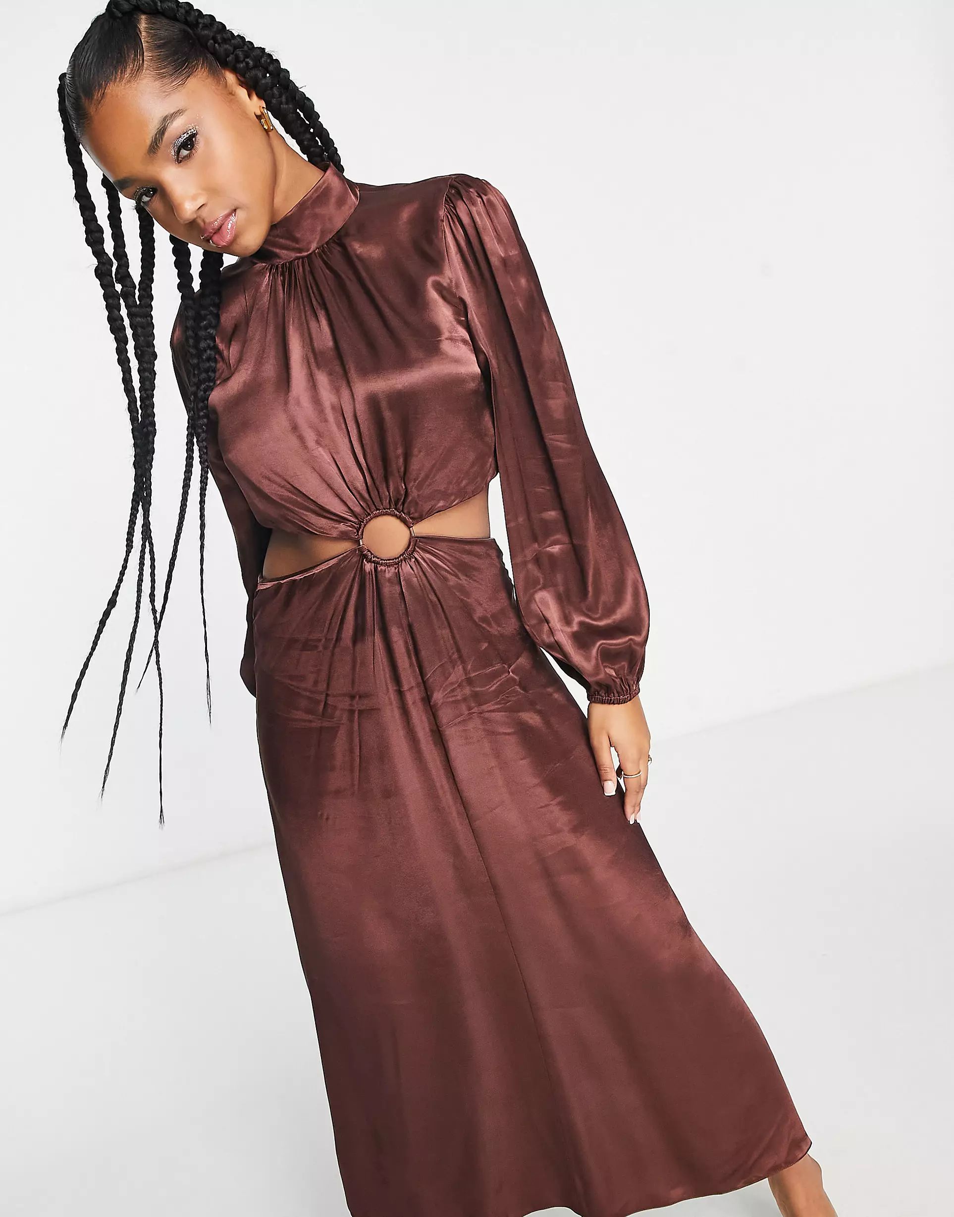 Nobody's Child Flavia cut-out long sleeve midi dress in brown | ASOS (Global)