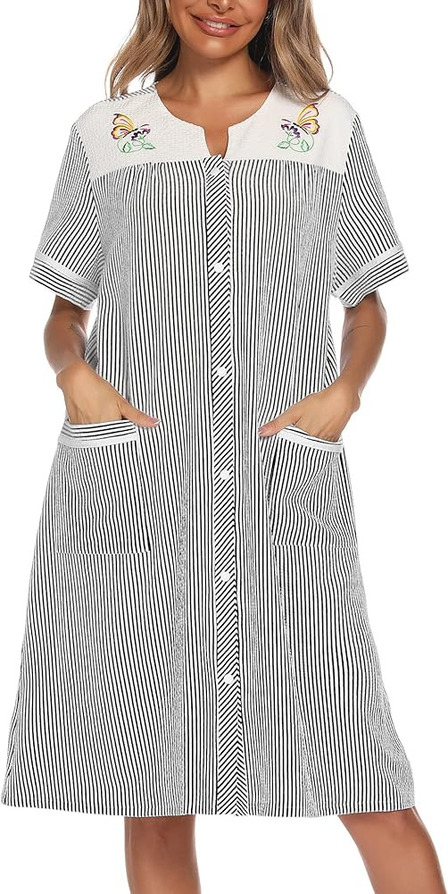 YOZLY House Dress Womens Embroidered Housecoat Short Sleeve Duster Robe with Front Pockets | Amazon (US)
