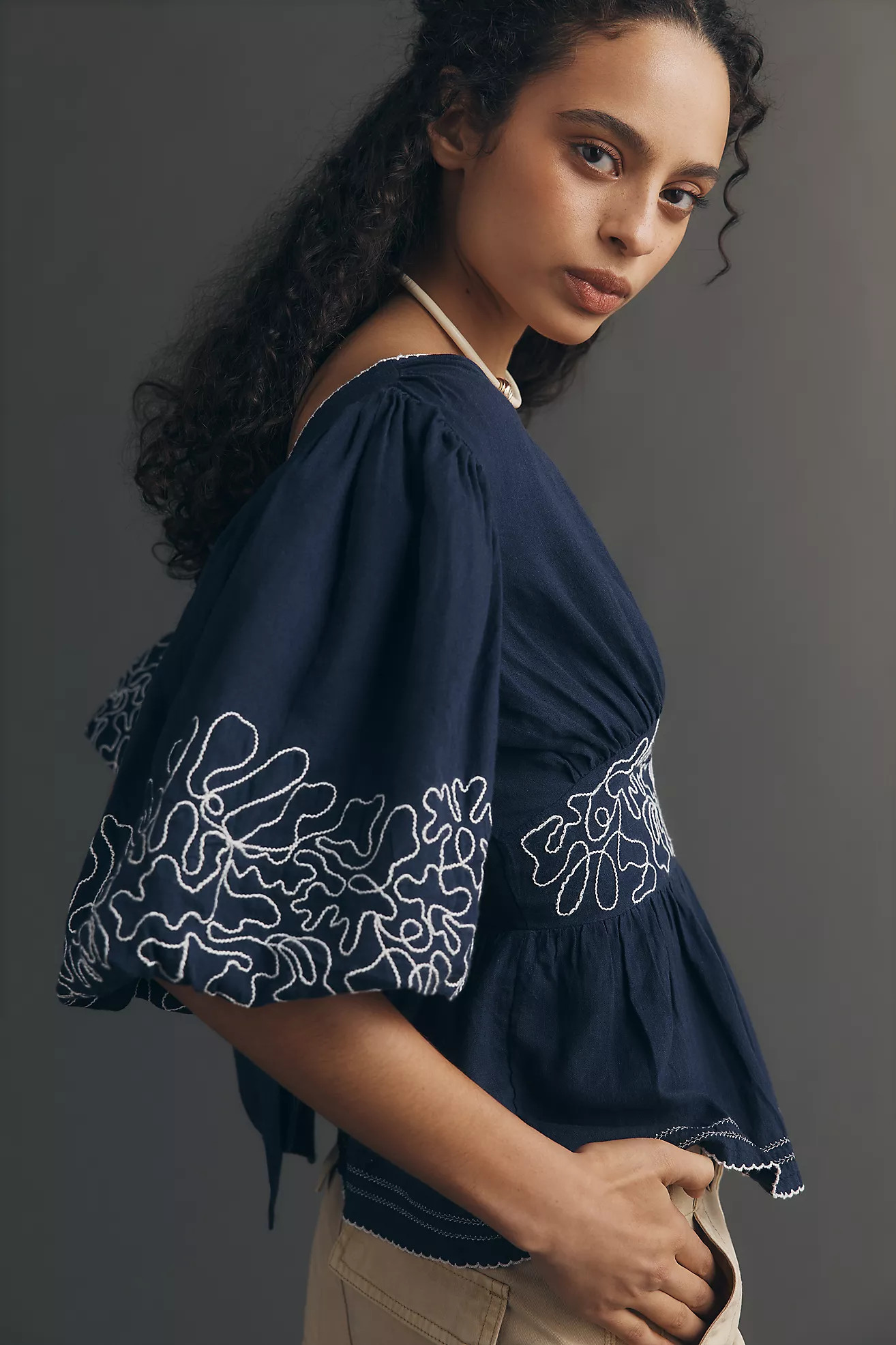 Maeve Embroidered Linen Blend Puff-Sleeve Top | Anthropologie (US)