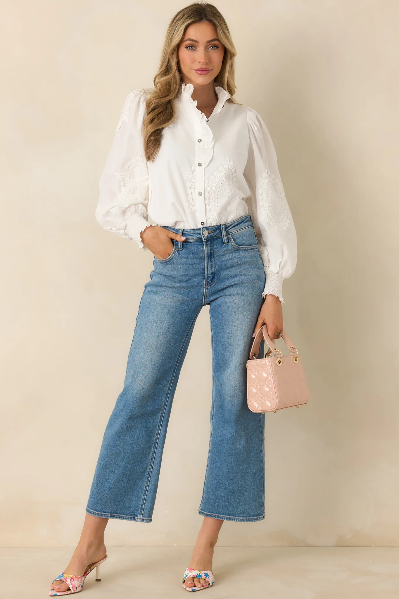 I Will Be Here White Eyelet Appliqué Detail Cotton Long Sleeve Blouse | Red Dress