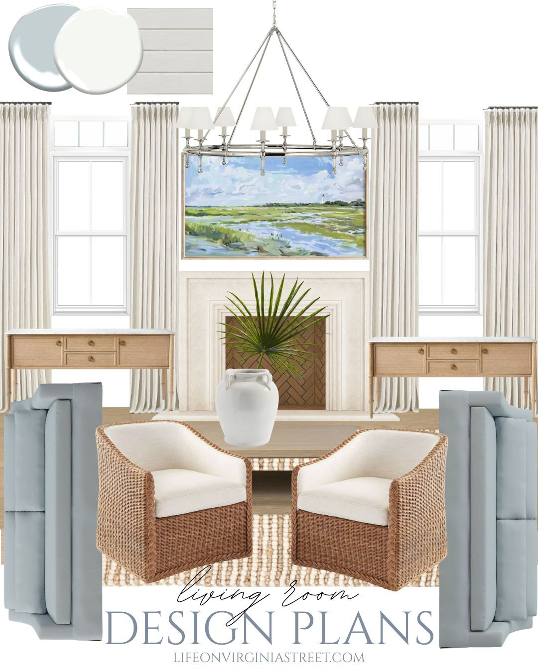Our classic coastal living room design plans including light blue sofas, woven swivel chairs, and coastal accents! See all the details here: https://lifeonvirginiastreet.com/classic-coastal-living-room-dining-room-design-plans/ 

 

#LTKSeasonal #LTKHome #LTKSaleAlert