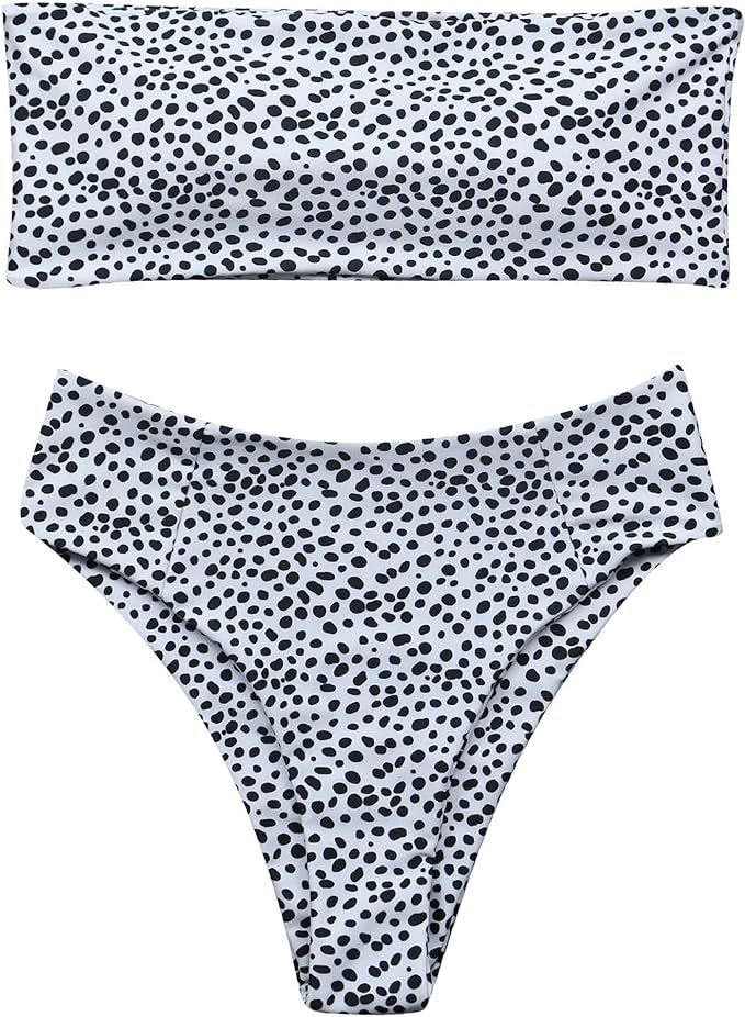 OMKAGI Women's 2 Pieces Bandeau Bikini Swimsuits Off Shoulder High Waist Bathing Suit High Cut | Amazon (US)