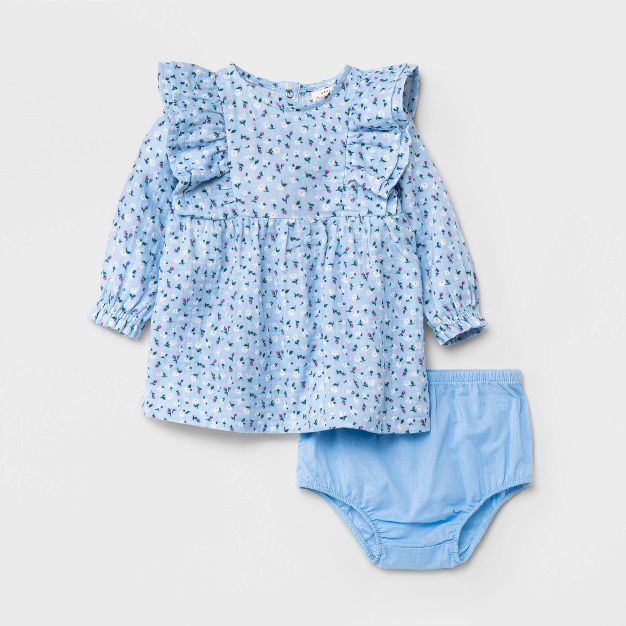 Baby Girls' Ditsy Floral Ruffle Gauze Long Sleeve Dress - Cat & Jack™ Periwinkle Blue | Target