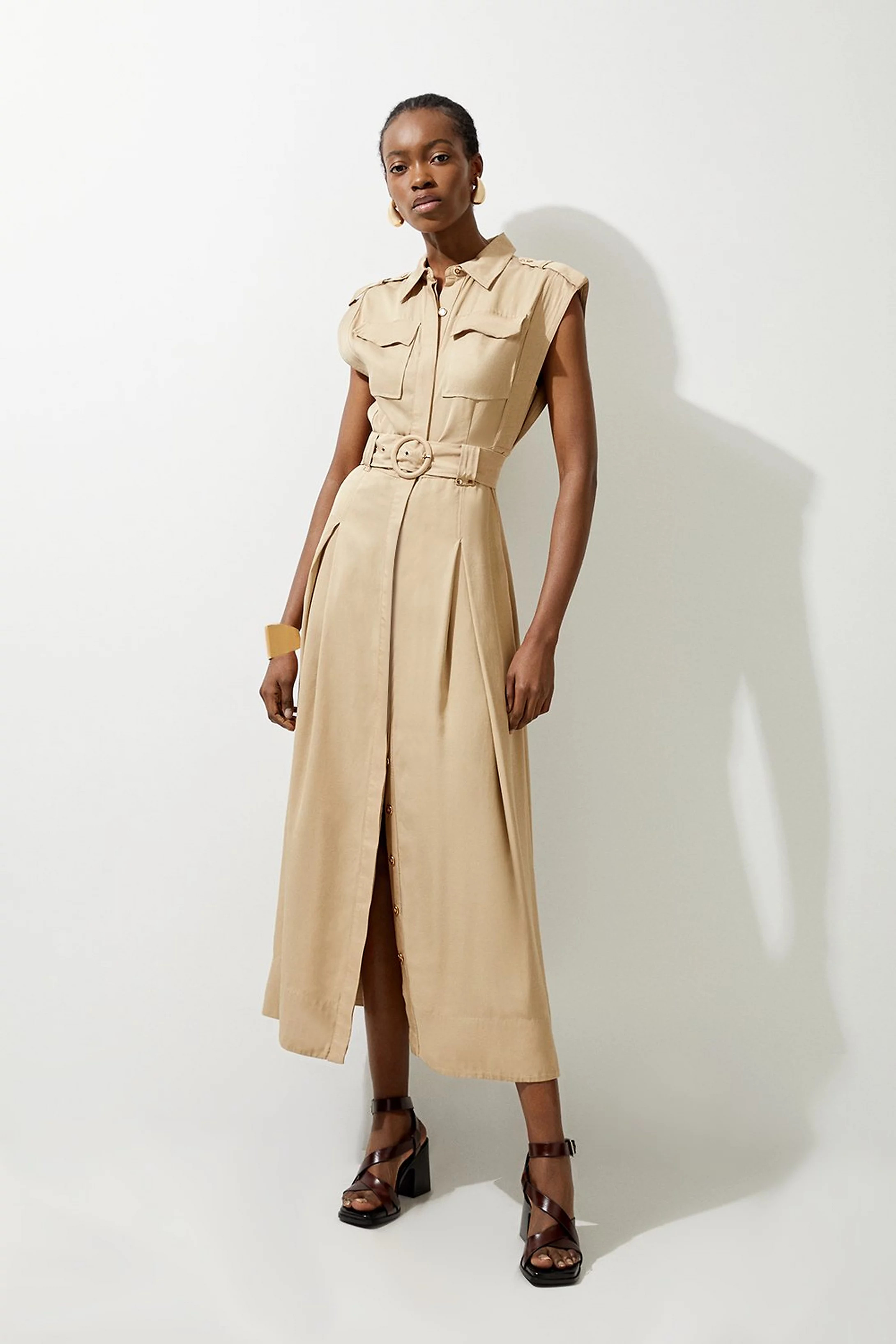 Premium Viscose Linen Topstitch Maxi Dress | Karen Millen US