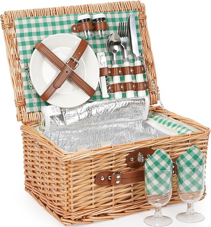 ZORMY Wicker Picnic Basket for 2 Person, Willow Hamper Basket Sets with Insulated Compartment, Ha... | Amazon (US)