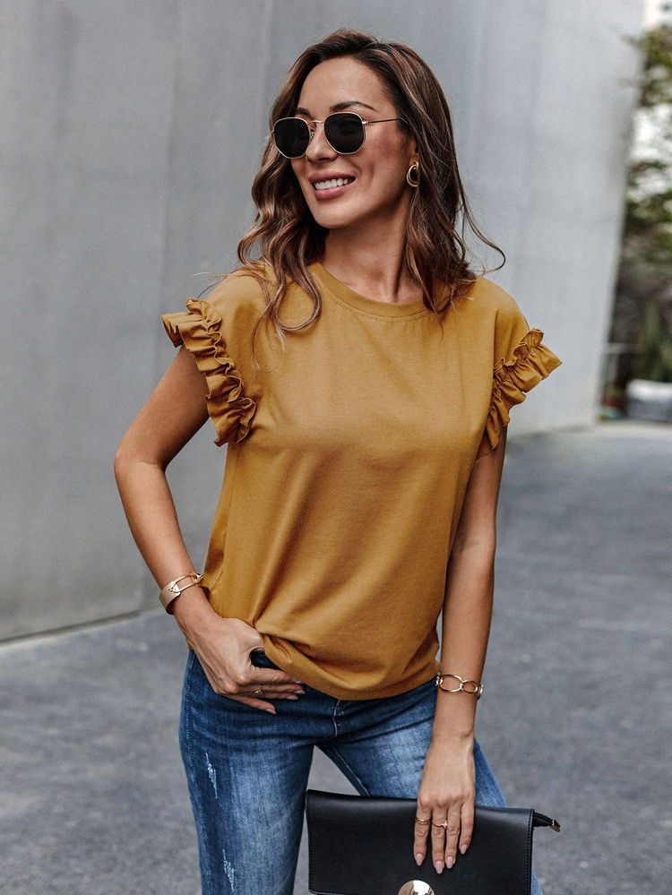 Ruffle Cuff Solid Tee | SHEIN