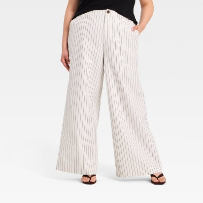 Women's Faux Linen Trousers - A New Day™ Beige Striped 17 | Target