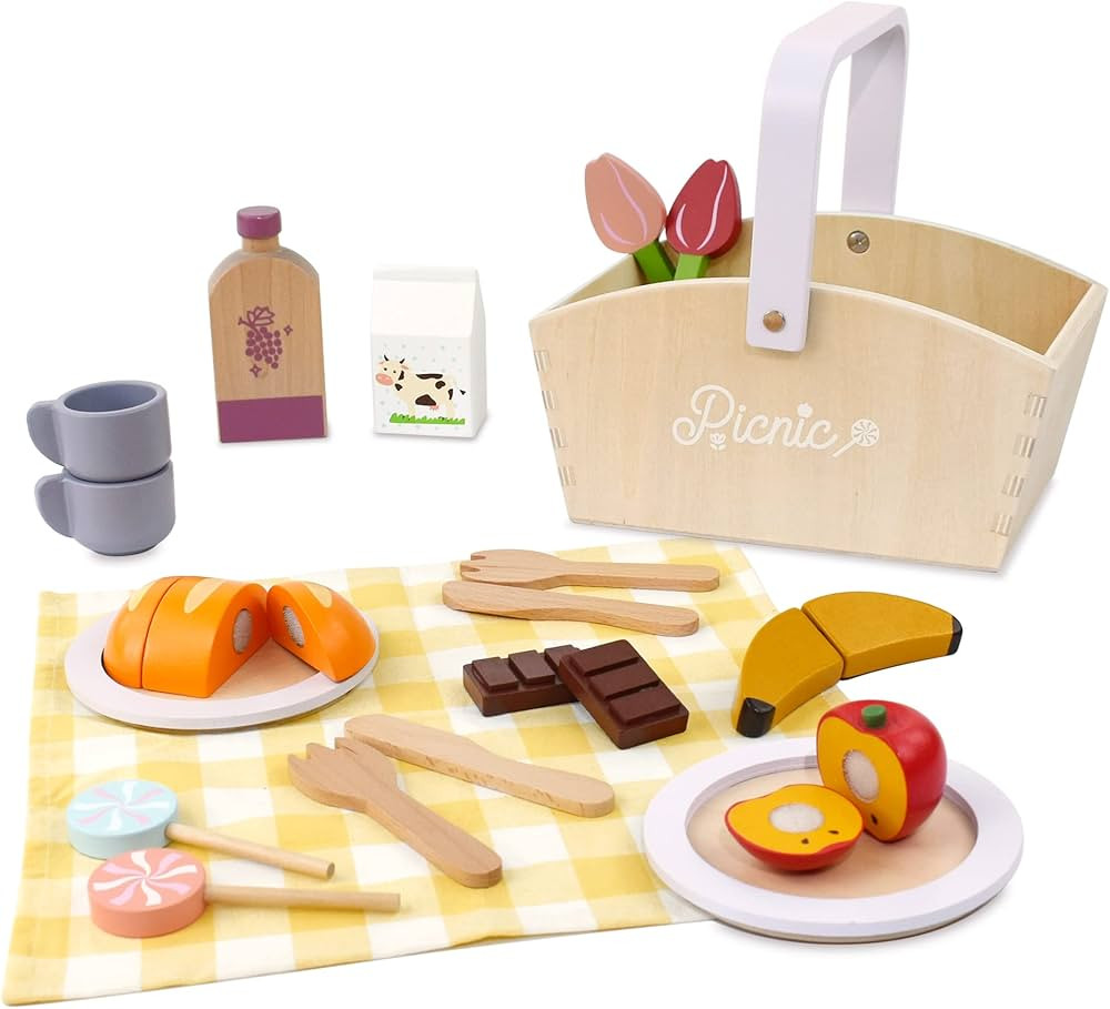 Pillowhale Wooden Picnic Basket Playset Toy,Pretend Play Food Sharing Playset with Cutting Fruits, K | Amazon (US)