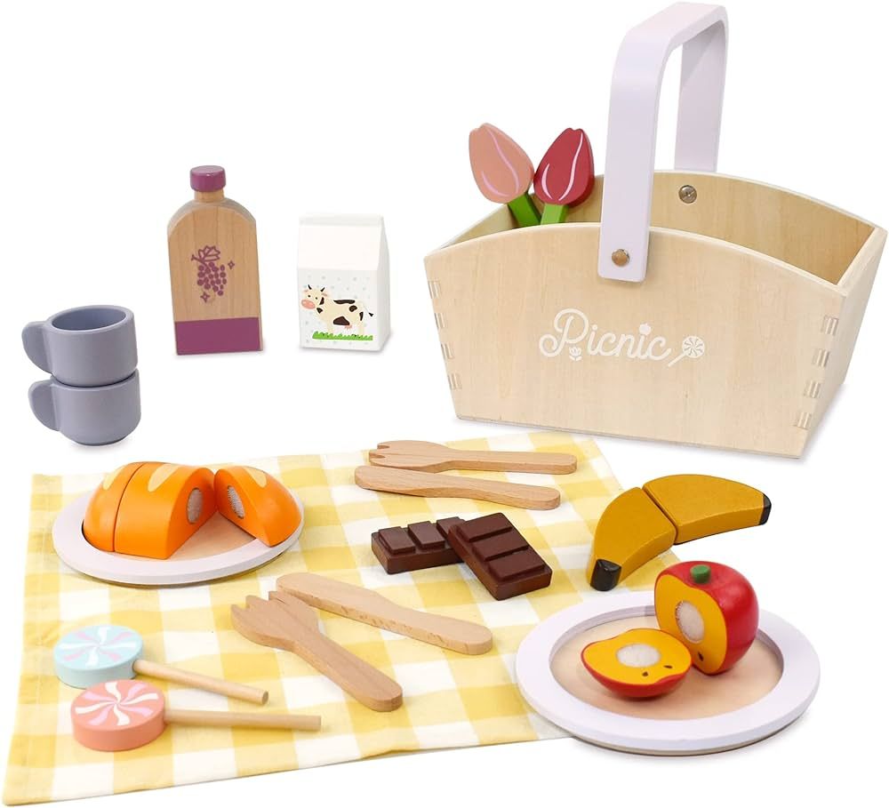 Pillowhale Wooden Picnic Basket Playset Toy,Pretend Play Food Sharing Playset with Cutting Fruits, K | Amazon (US)