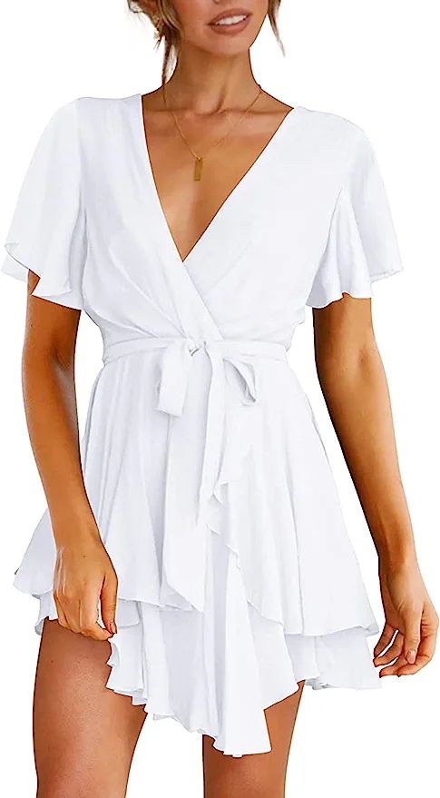 iGENJUN Women's Summer Dress Deep V Neck Short Sleeve Waist Tie Ruffle Mini Swing Skater Dresses | Amazon (US)