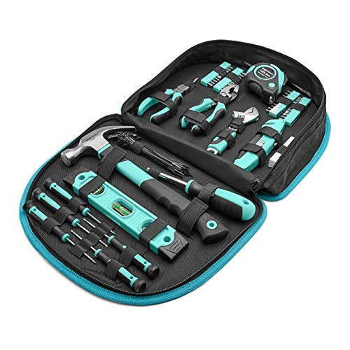 Amazon Basics 104-Piece Home Repair Household Tool Set with Easy Carrying Round Pouch, Portable Hand Tool Kit, Turquoise, 14.4 x 11.4 x 3 inches | Amazon (US)