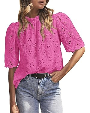 PRETTYGARDEN Summer Tops for Women 2025 Trendy Short Sleeve Eyelet Embroidered Dressy Casual Blou... | Amazon (US)
