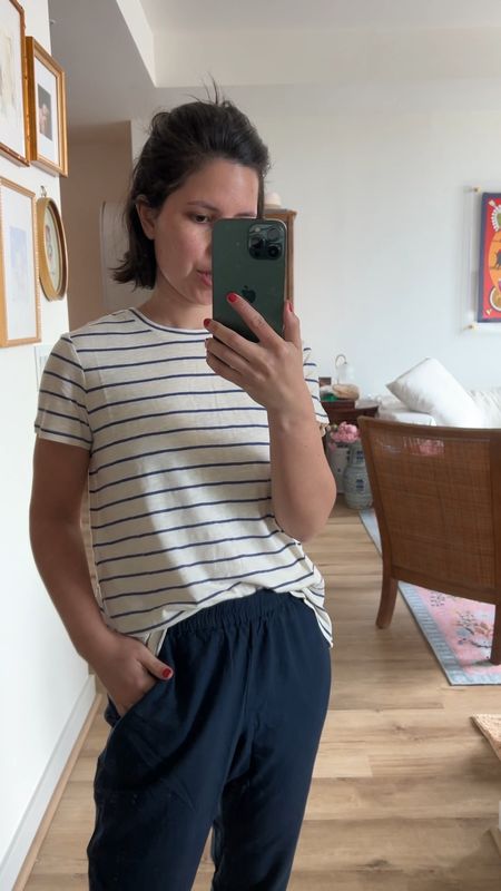Marine layer, athleisure, casual, striped tee, navy pants

Tee - size extra small
Pants- size xs - these are full length on me since I’m 5’1”

Over 30, casual, petite 

#LTKVideo #LTKfindsunder50 #LTKfindsunder100