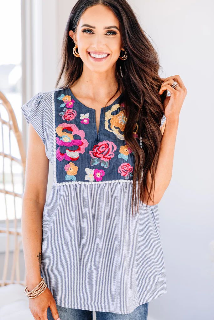 Needed You Denim Blue Embroidered Top | The Mint Julep Boutique