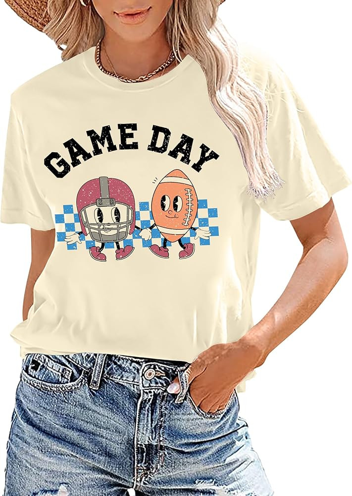 Game Day Shirts for Women: Football Mom Tee Shirt Funny Sunday Football Graphic Tees Football Sea... | Amazon (US)