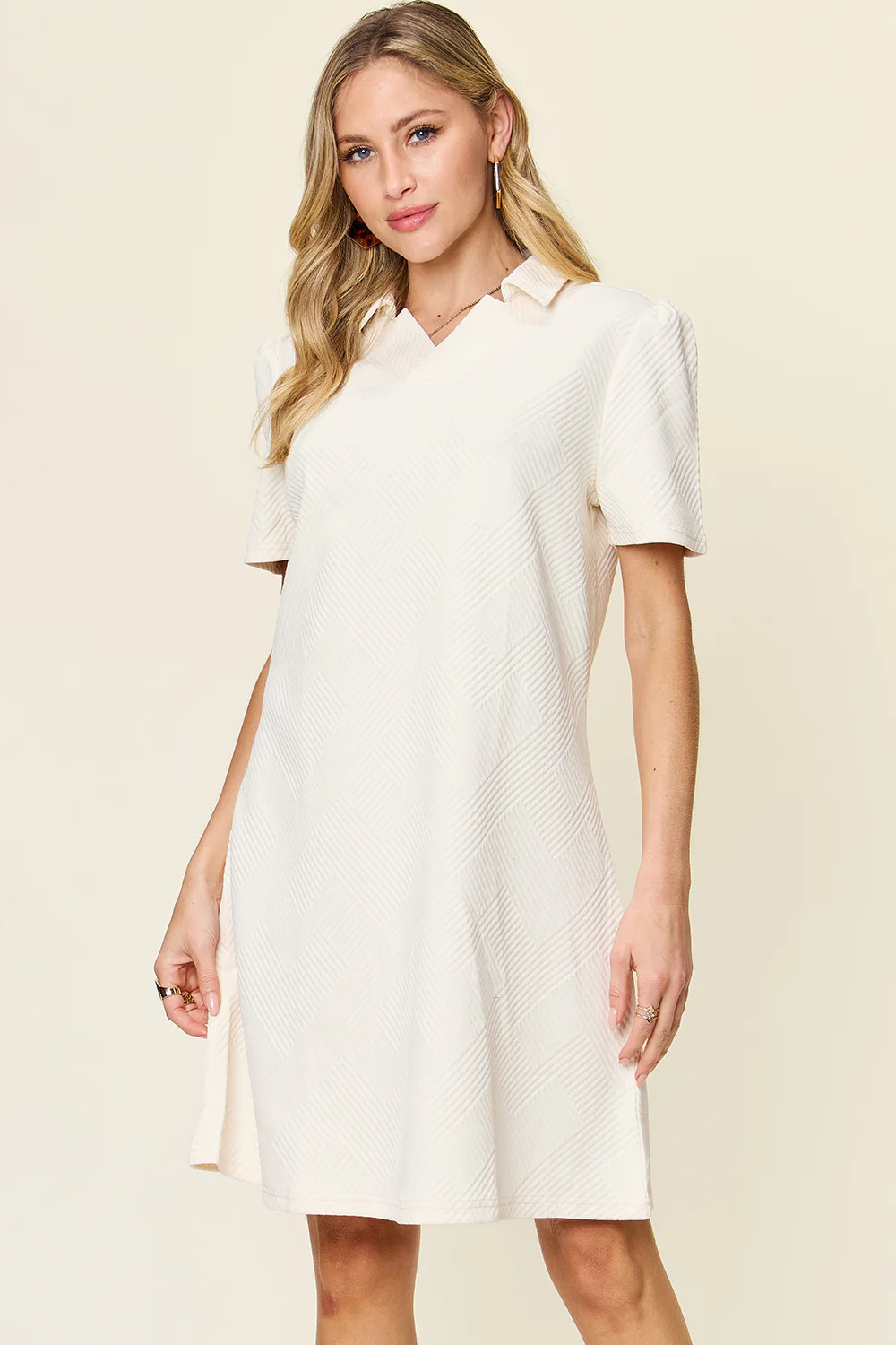 Texture Collared Neck Short Sleeve Dress White / S | Casual Chic Boutique
