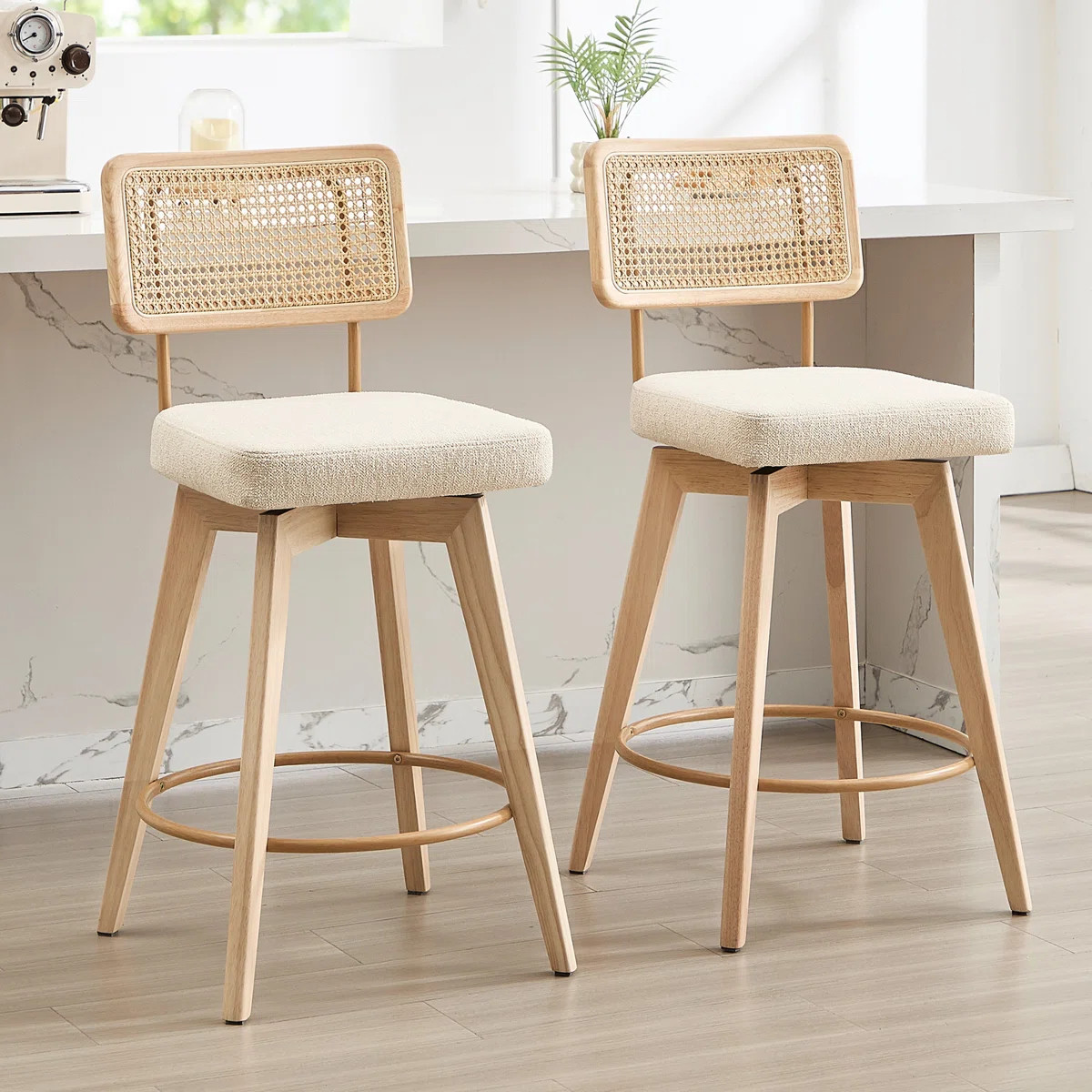Uniondale Swivel Linen Upholstered 26.2'' Counter Stool with Rattan Cane Back and Solid Wood Frame (Set of 2) | Wayfair North America