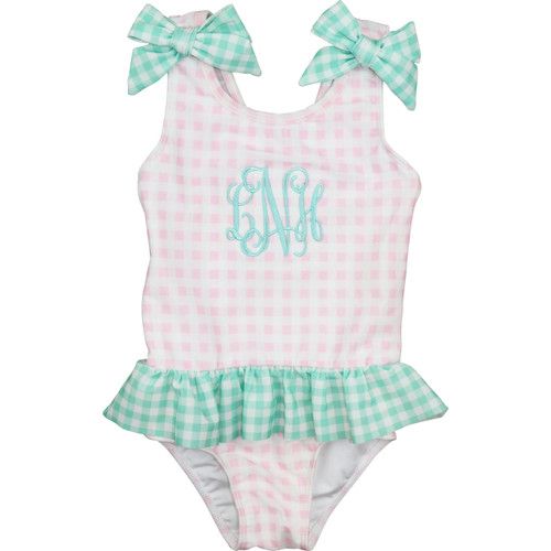 Mint and Pink Check Lycra Swimsuit | Cecil and Lou