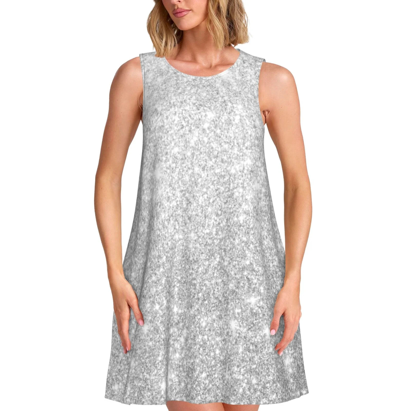 Picia Silver Glitter Print Women’s Sleeveless Midi Swing Dress – A-Line Pleated Tank Sundress... | Walmart (US)