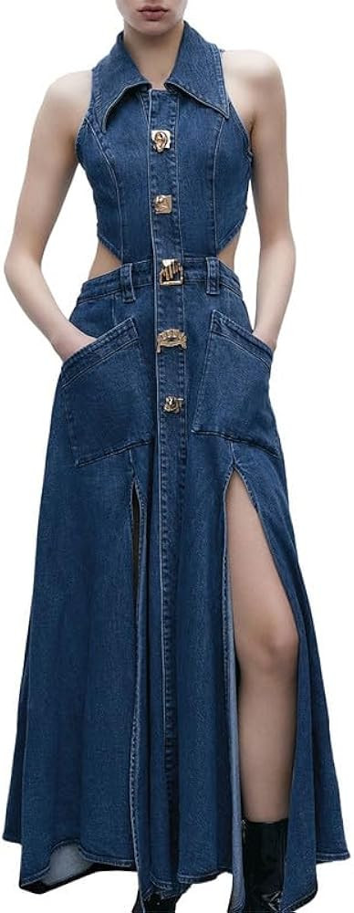 URBAN REVIVO Women's Blue Halter Neck Sleeveless Denim Maxi Dress Cutout Waist Split | Amazon (US)