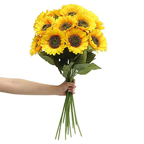 Laelfe Artificial Sunflower Flowers Long Stem Silk Fake Large Sunflowers Decoration for Outdoor Home Wedding Baby Shower Birthday Party Single Bulk Yellow Decor 6PCS (Dark Center) | Amazon (US)
