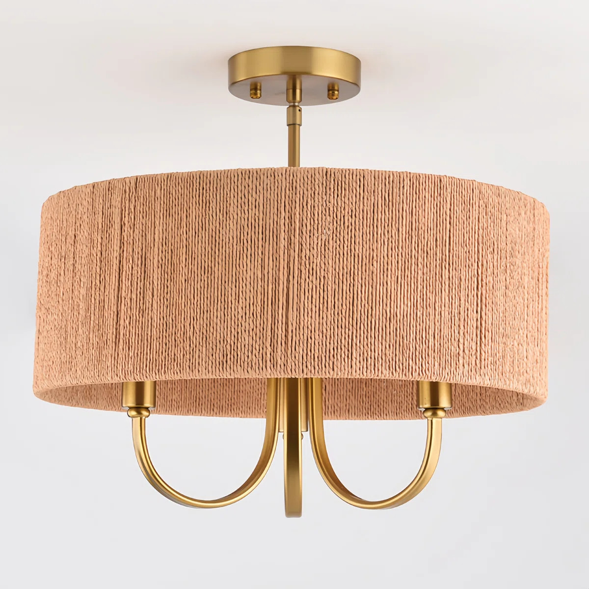 Stephane 3-Lights 17.71 "Gold + Wood Premium Vintage Drum Semi Flush Mount with Fabric Accent Sui... | Wayfair North America