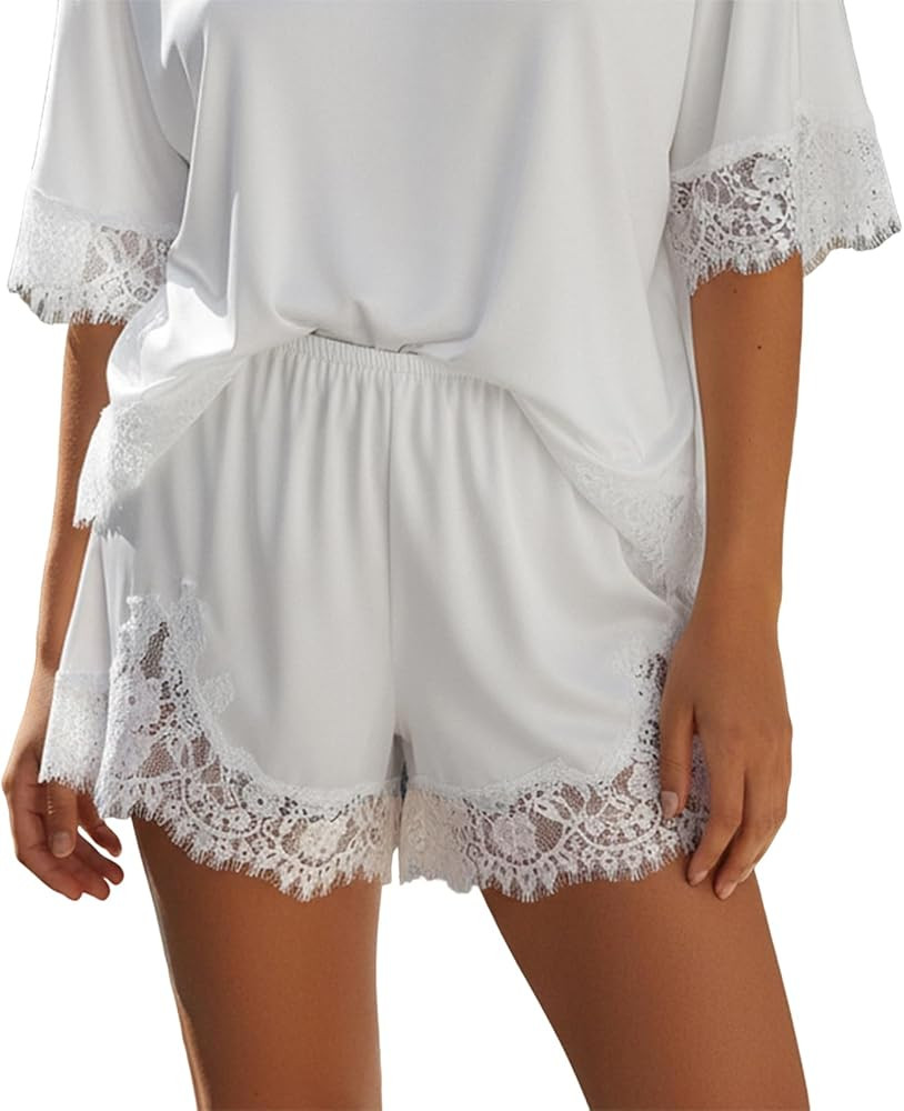 Women Satin Silk Lace Shorts Lace Trim Satin Pettipants Elastic Waist Silk Slip Shorts Lounge Bot... | Amazon (US)