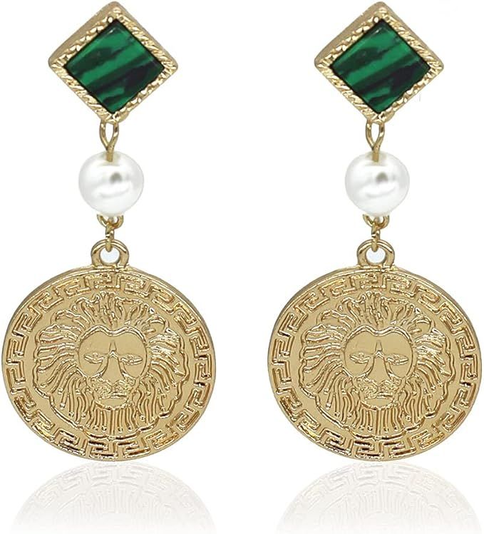 Coin Lion Earrings for Women,Golden Lion Ear Stud Pearl Earrings,Vintage Green Square Stud Lion H... | Amazon (US)