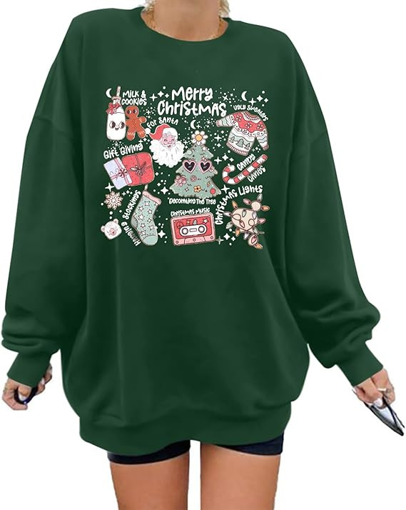 MOUSYA Women Merry Christmas Sweatshirts Doodle Christmas Graphic Pullover Casual Long Sleeve Lig... | Amazon (US)