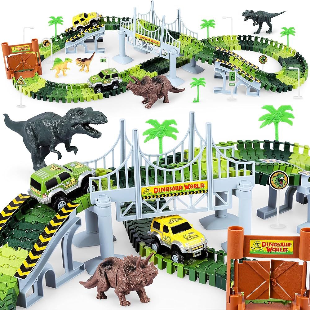 Dinosaur Toys-187 Pcs Create A Dinosaur World Road Race-Flexible Track Playset & 2 Pcs Cool Dinos... | Amazon (US)