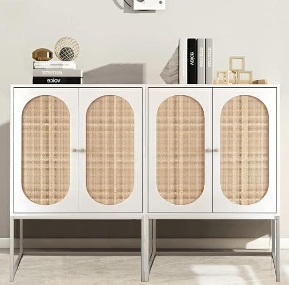 Lamerge Natural Rattan Cabinet Set of 2,Sideboard Buffet Cupboard Accent Cabinet with 2 Door,Adju... | Amazon (US)