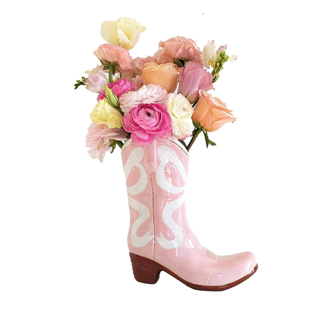 Lo Home x Petite Paloma Cowgirl Boot Vase- Claire Bow in Pink | Lo Home by Lauren Haskell Designs