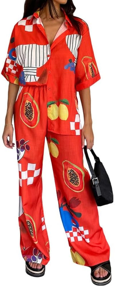Women's Y2k Graffiti Printed 2 Piece Pajama Sets Short Sleeve Button Blouse Shirt Wide Leg Long P... | Amazon (US)