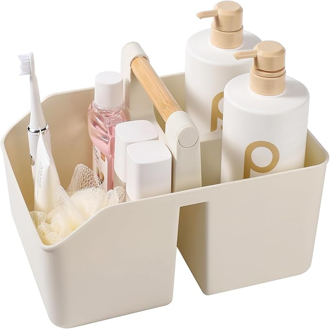 rejomiik Plastic Shower Caddy, Portable Basket with Bamboo Handle, Cream | Cleaning Caddy Organiz... | Amazon (US)