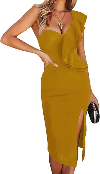 One Shoulder Ruffle Dress Side Split Bodycon Bandage Dress Wedding Guest Dress | Amazon (US)