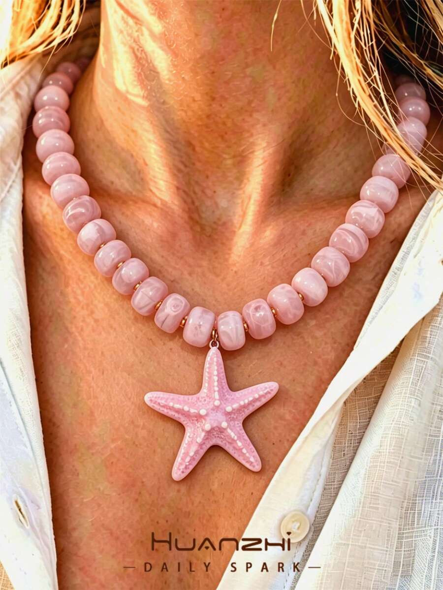 1pc Summer Vacation Pink Acrylic Resin Beaded Starfish Necklace, Minimalist Casual Sexy Women's J... | SHEIN
