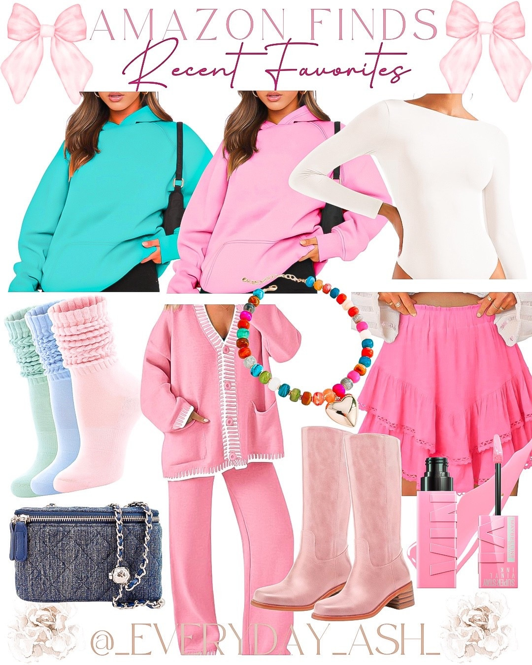Amazon // recent favorites 🩷♥️

Sweatshirt, pink sweatshirt, bodysuit, skirt, socks, pink two piece set, necklace, beauty finds, lipgloss, denim purse, boots 

#LTKValentine #LTKTravel #LTKootd
