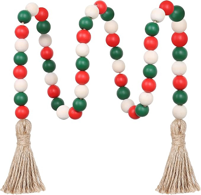Christmas Wood Bead Garland,39in Farmhouse Beads with Tassels Tiered Tray Decor Wall Hanging Home... | Amazon (US)