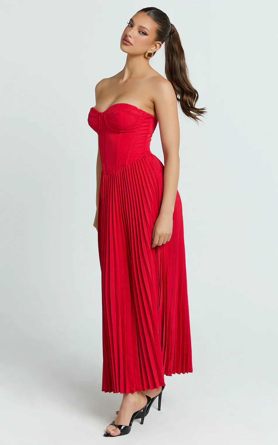 Loretta Midi Dress - Lace Up Back Bustier Pleated Dress in Red | Showpo (ANZ)