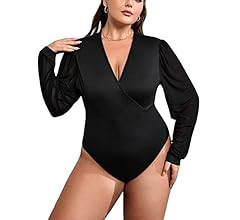 Milumia Women's Plus Size Wrap Deep V Neck Long Sleeve T Shirts Bodysuit Jumpsuit | Amazon (US)