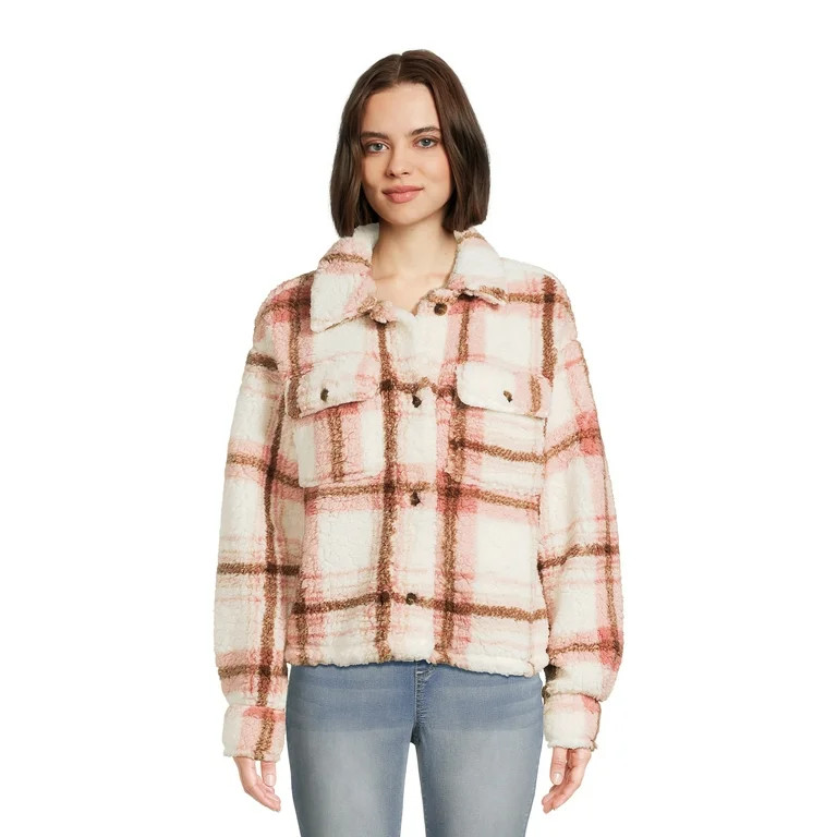No Boundaries Juniors Plaid Faux Sherpa Shacket, Sizes XS-XXXL | Walmart (US)