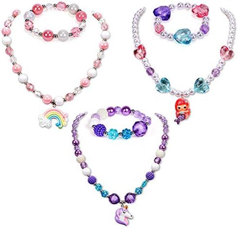 G.C 3 Sets Girl Princess Necklace Bracelet with Colorful Unicorn Mermaid Rainbow Pendant Kids Stretc | Amazon (US)